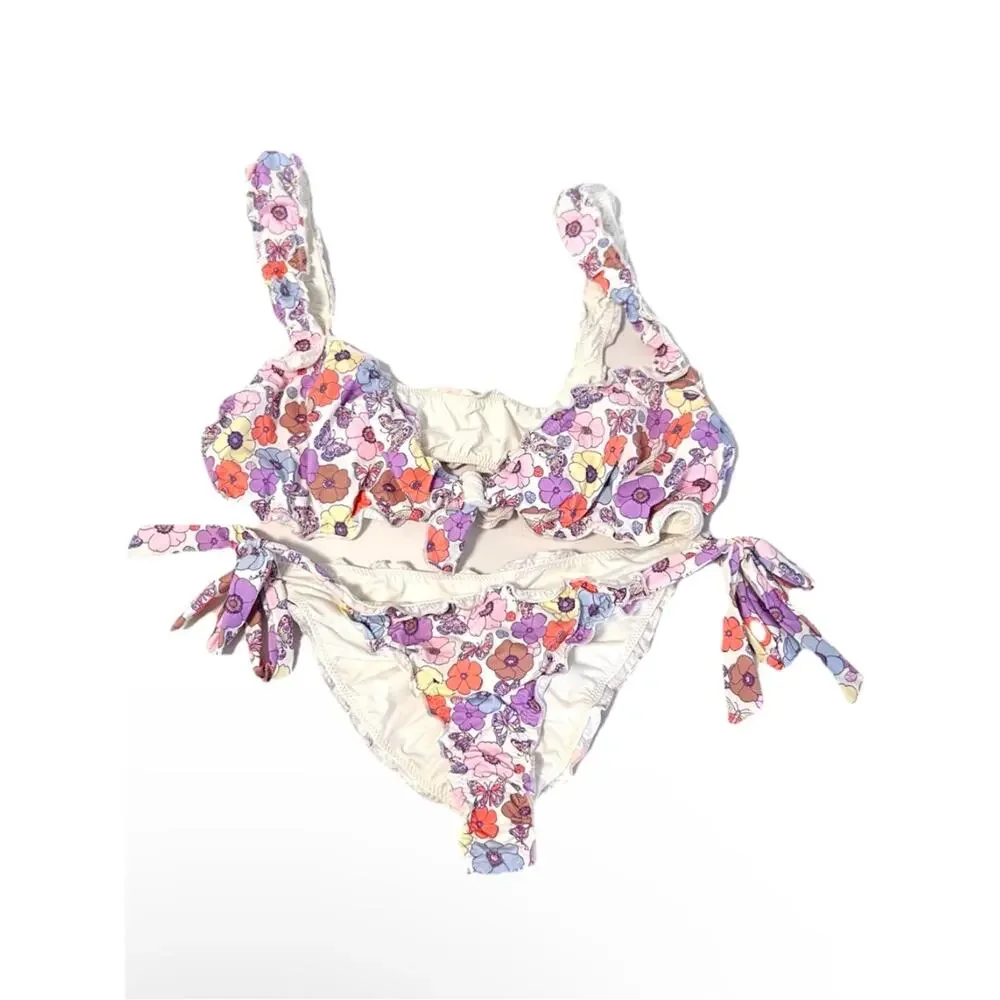 Frankies Bikini Colby SET Mariposa Floral Bikini Ruched Tie Sz M/L